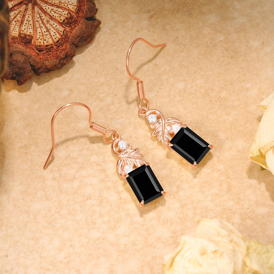 Unique Princess Cut  Black Onyx Earrings with Leaf Detail for Women
