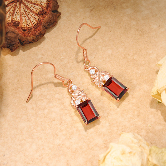 Unique Princess Cut Garnet Earrings with Leaf Detail for Women