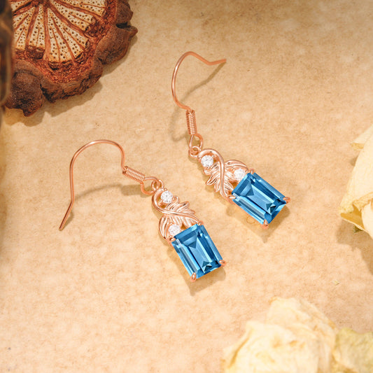 Unique Princess Cut Aquamarine Earrings with Leaf Detail for Women