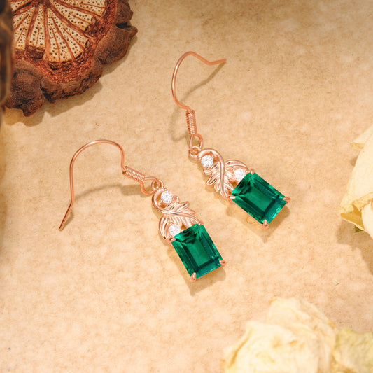 Unique Princess Cut Emerald Earrings with Leaf Detail for Women