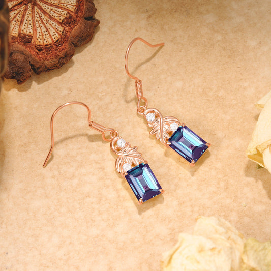 Unique Princess Cut Alexandrite Earrings with Leaf Detail for Women