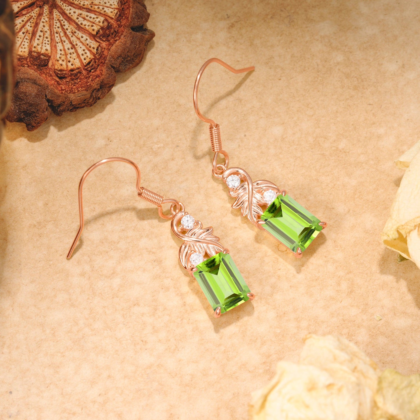 Unique Princess Cut Peridot Earrings with Leaf Detail for Women
