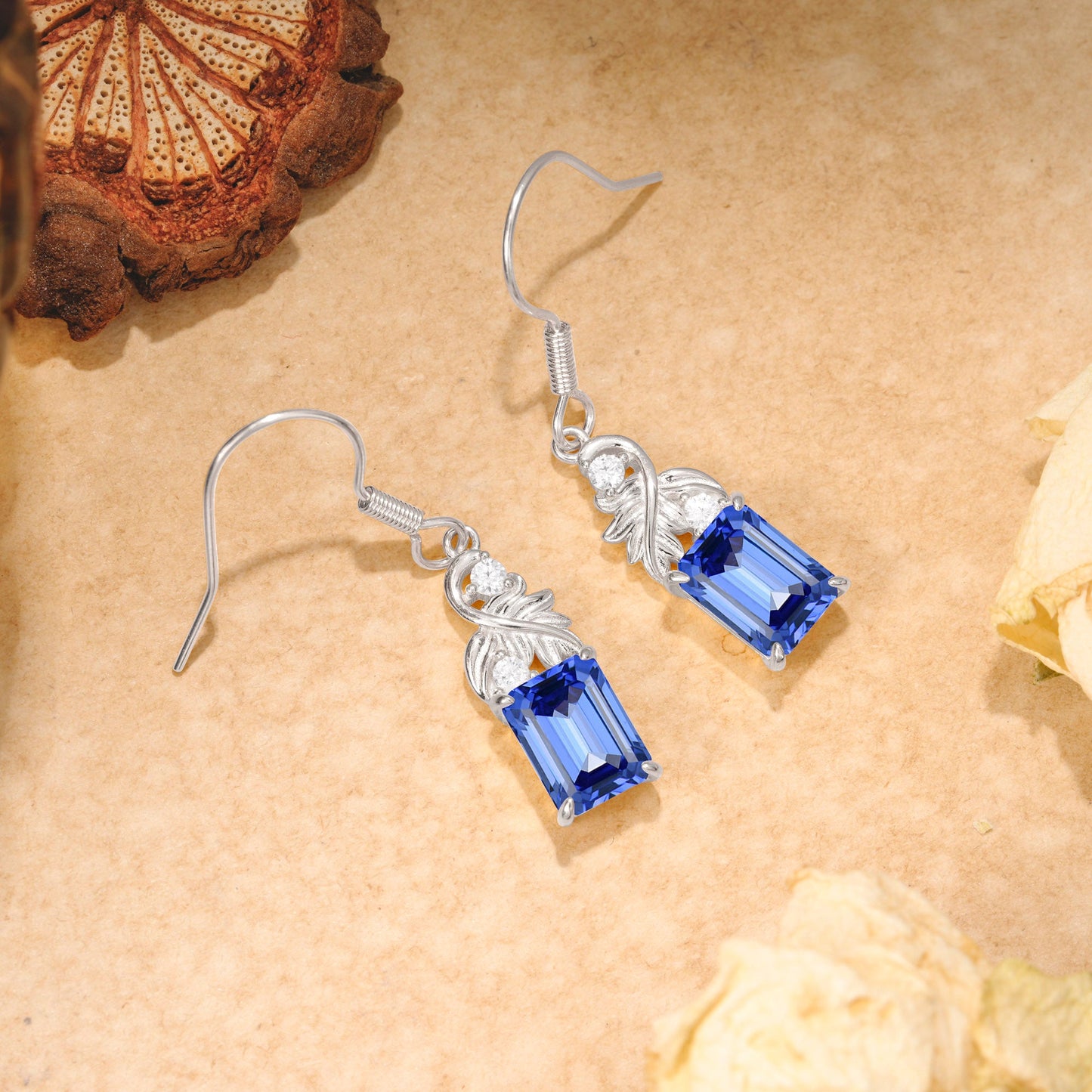 Unique Princess Cut Sapphire Earrings with Leaf Detail for Women