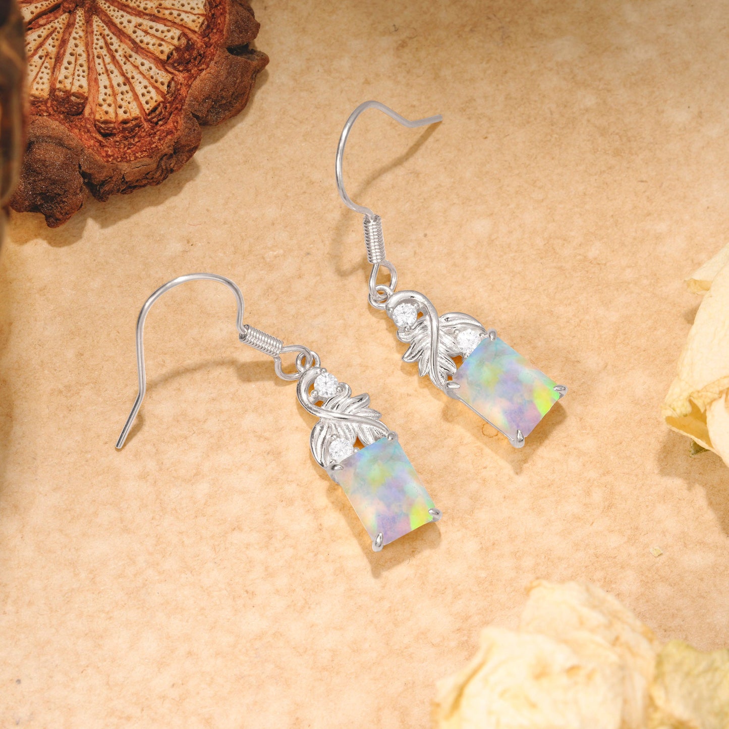 Unique Princess Cut Opal Earrings with Leaf Detail for Women