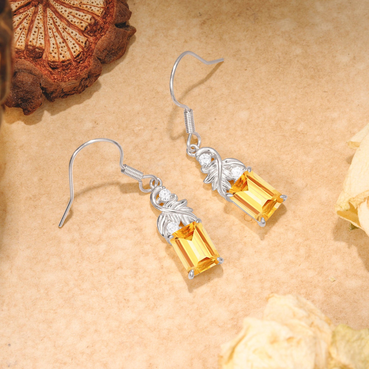 Unique Princess Cut Citrine Earrings with Leaf Detail for Women