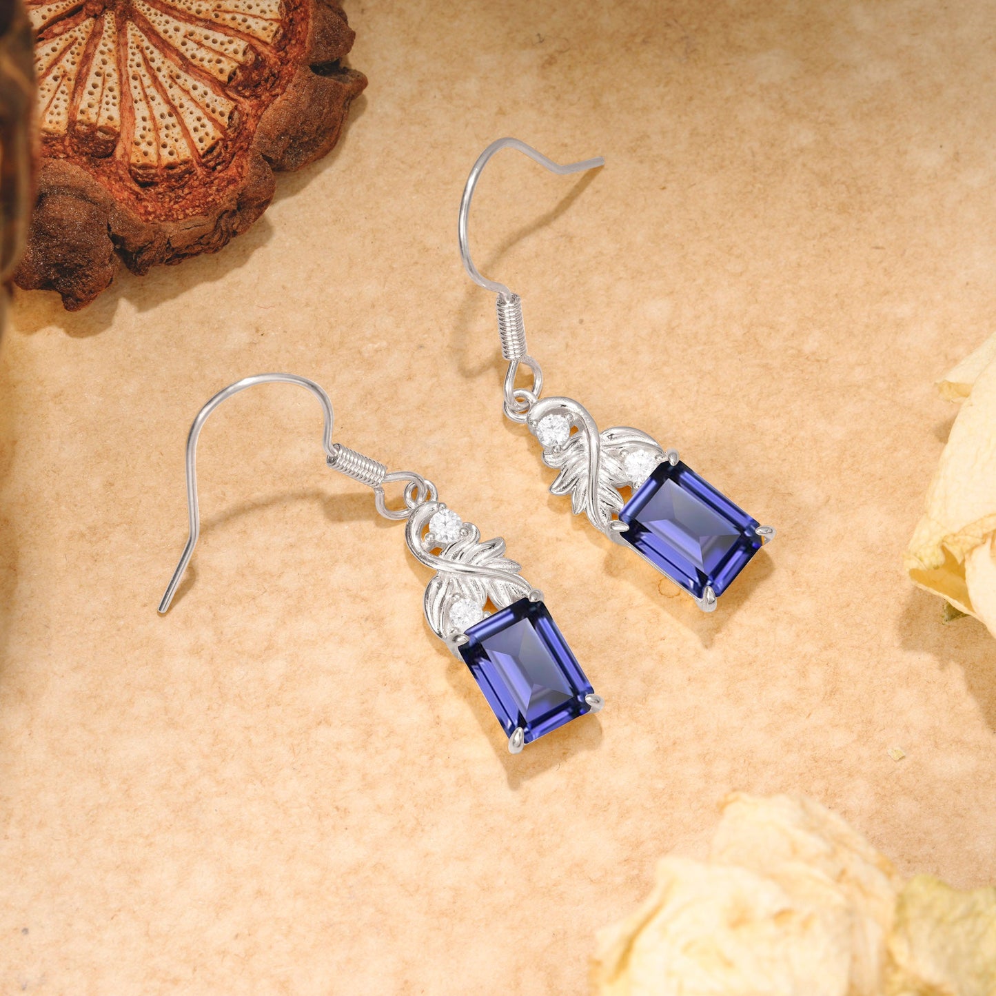 Unique Princess Cut Tanzanite Earrings with Leaf Detail for Women