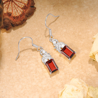 Unique Princess Cut Garnet Earrings with Leaf Detail for Women