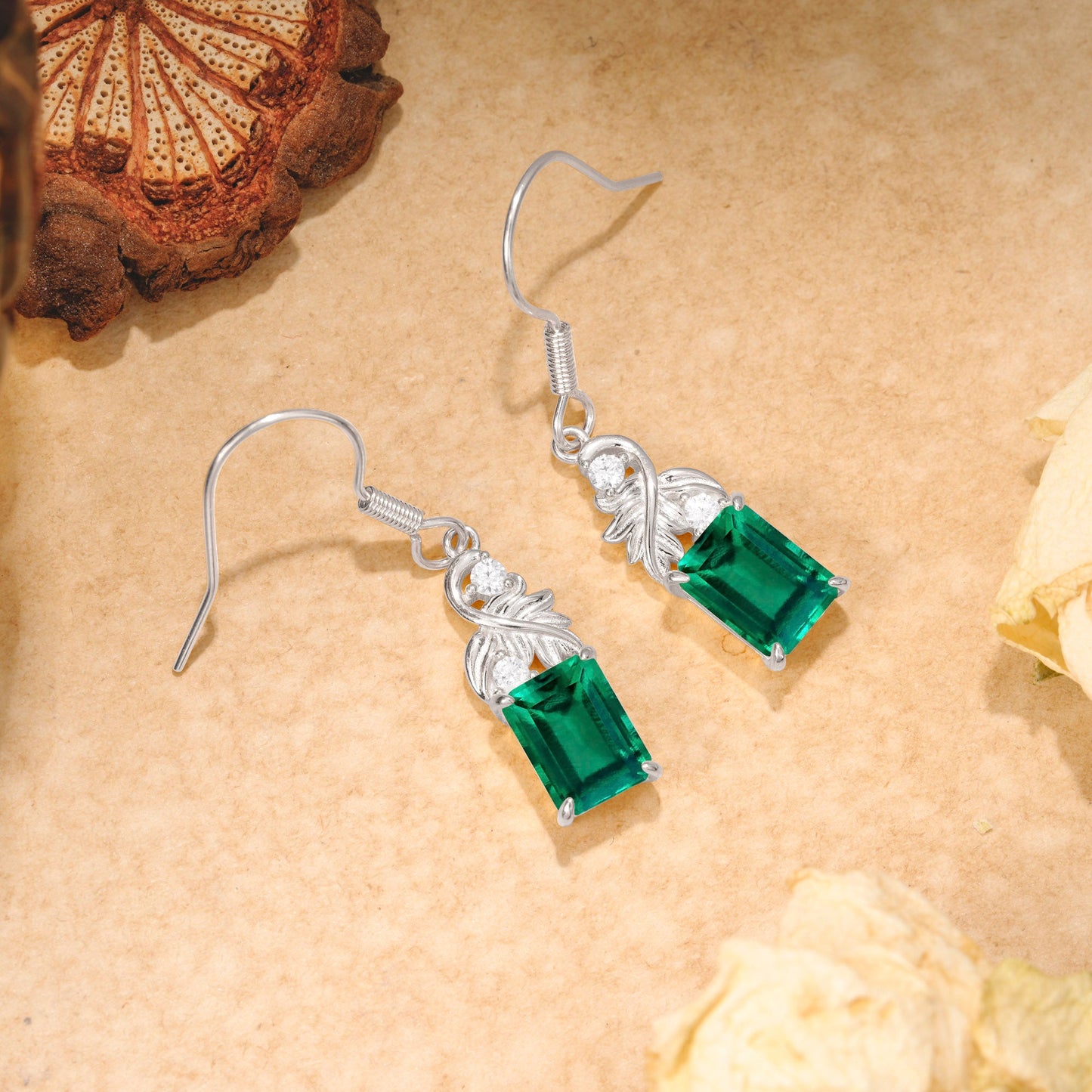 Unique Princess Cut Emerald Earrings with Leaf Detail for Women
