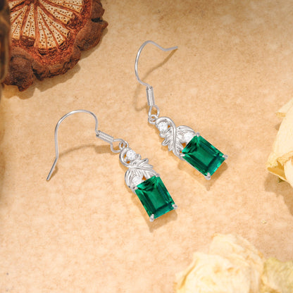 Unique Princess Cut Emerald Earrings with Leaf Detail for Women