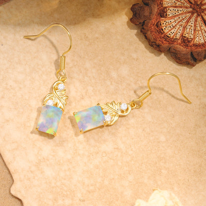Unique Princess Cut Opal Earrings with Leaf Detail for Women