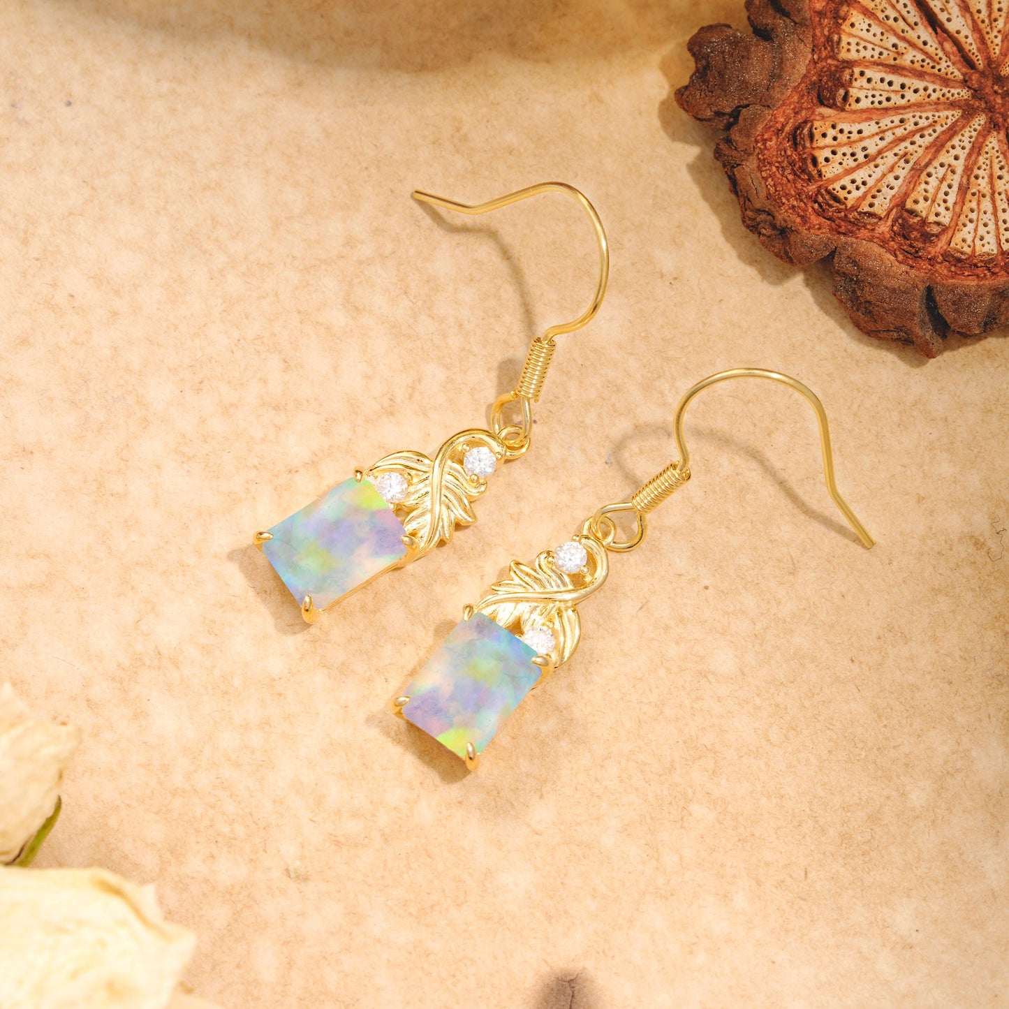 Unique Princess Cut Opal Earrings with Leaf Detail for Women