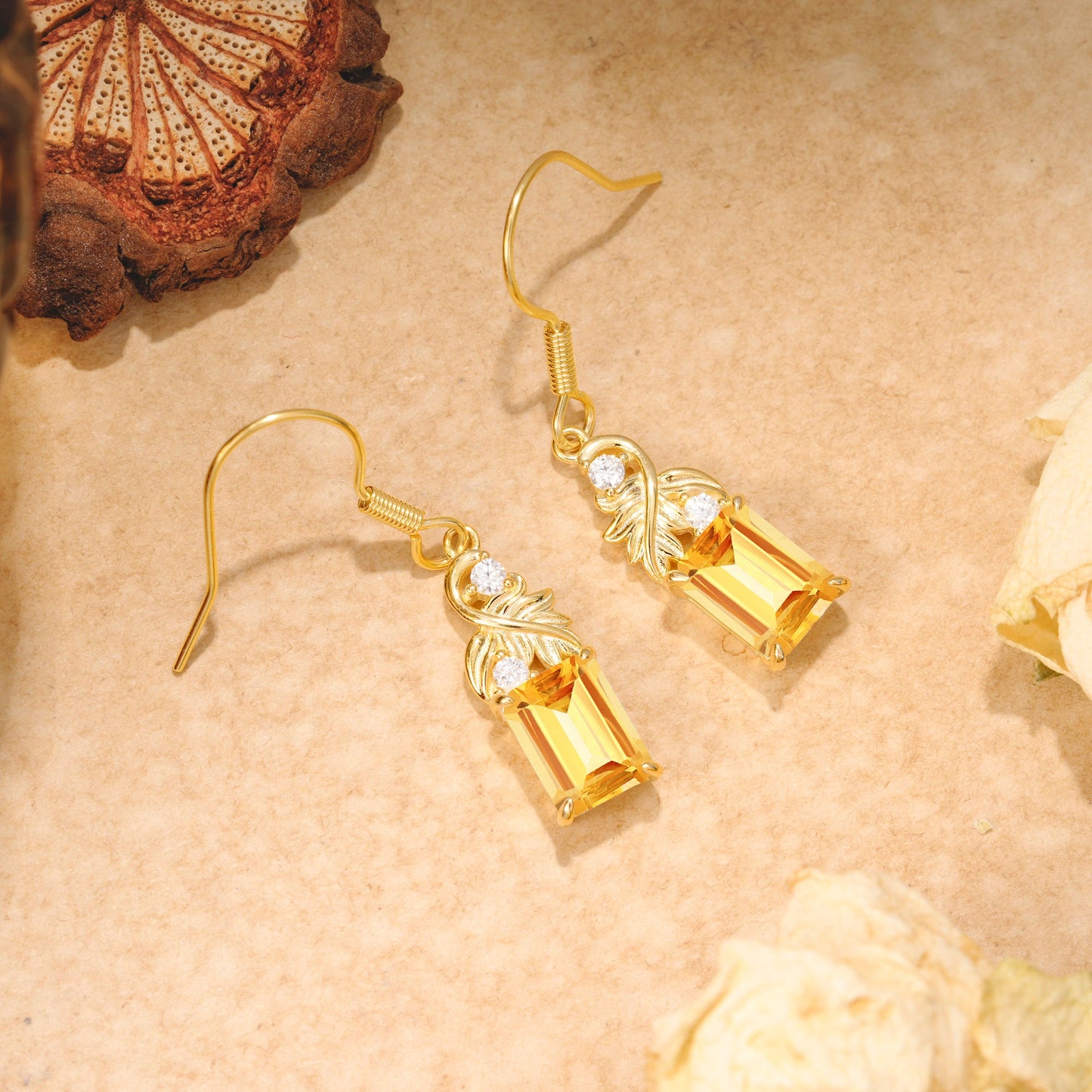 Unique Princess Cut Citrine Earrings with Leaf Detail for Women