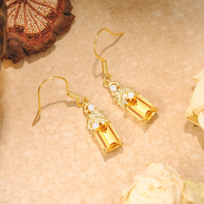 Unique Princess Cut Citrine Earrings with Leaf Detail for Women