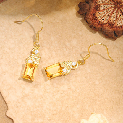Unique Princess Cut Citrine Earrings with Leaf Detail for Women