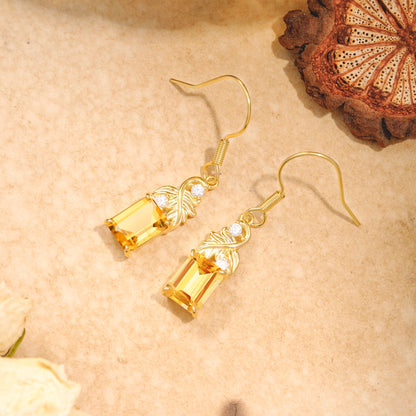 Unique Princess Cut Citrine Earrings with Leaf Detail for Women