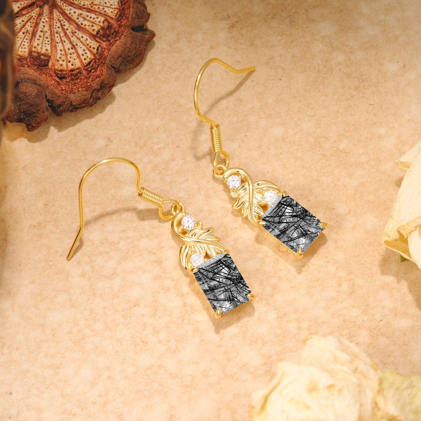 Unique Princess Cut Black Rutilated Quartz Earrings with Leaf Detail for Women