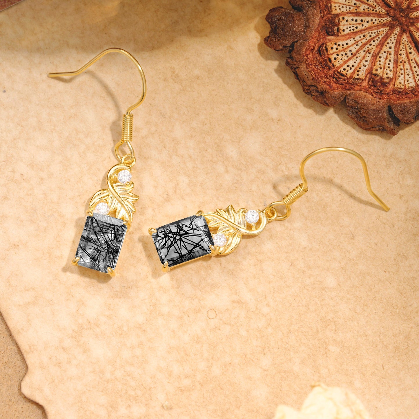 Unique Princess Cut Black Rutilated Quartz Earrings with Leaf Detail for Women