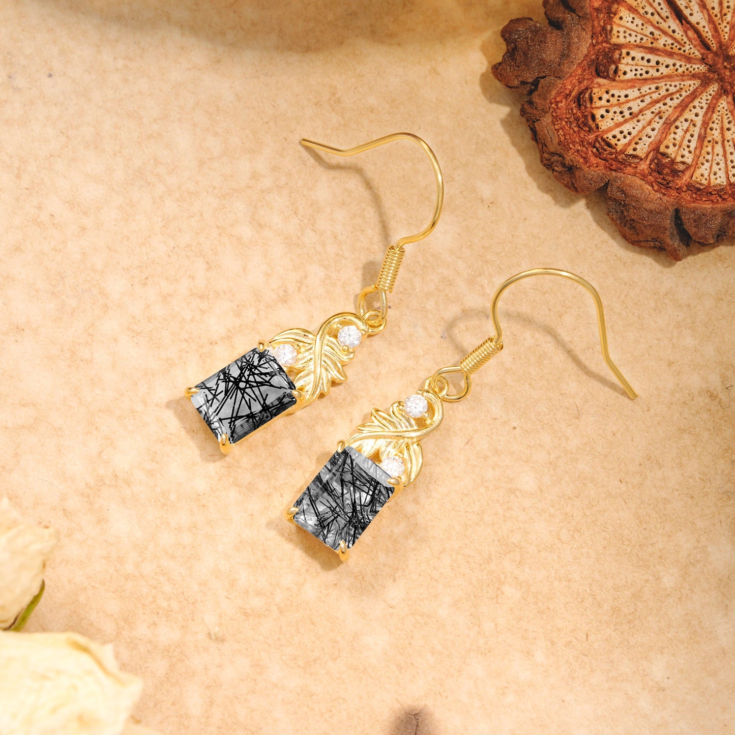 Unique Princess Cut Black Rutilated Quartz Earrings with Leaf Detail for Women