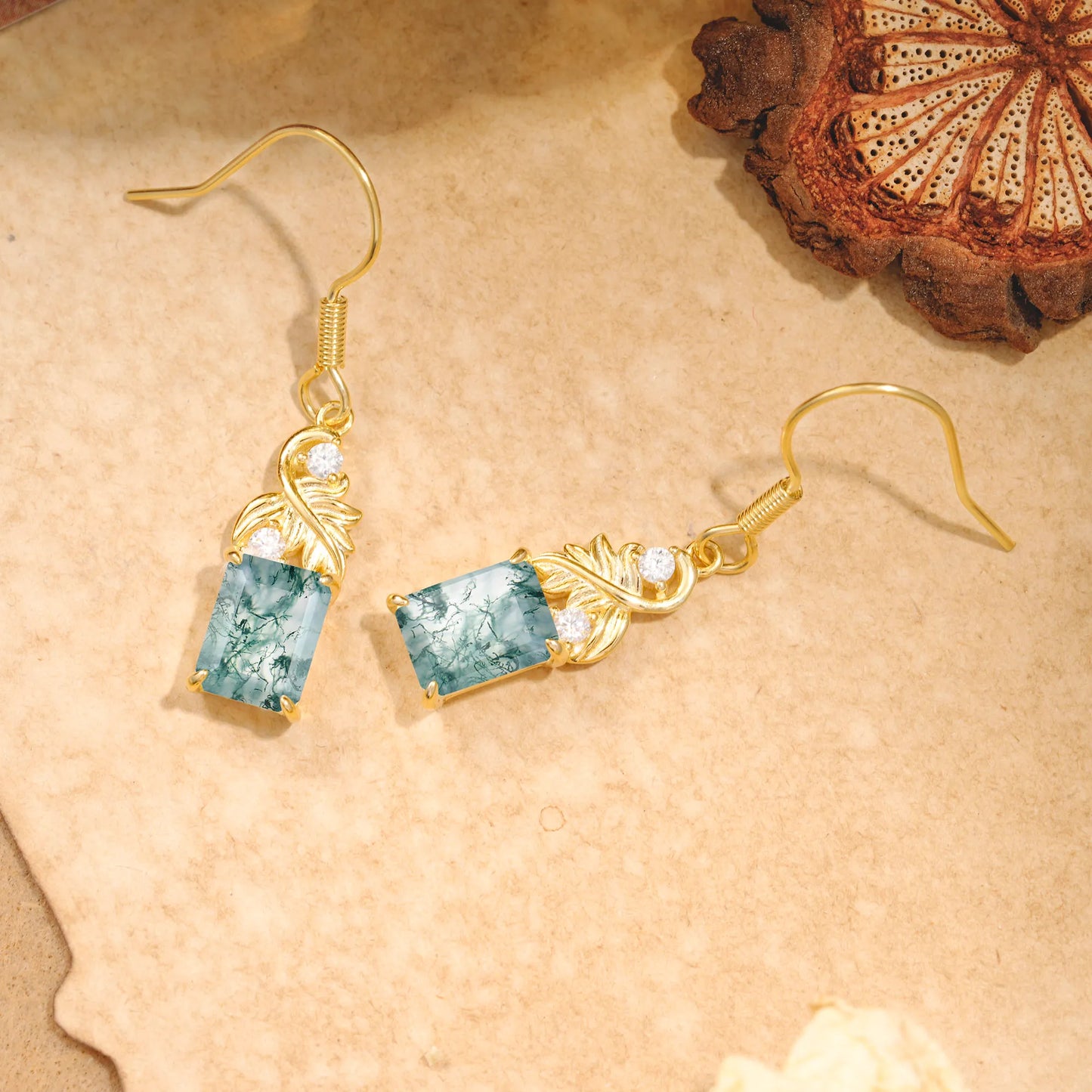 Unique Princess Cut Moss Agate Earrings with Leaf Detail for Women
