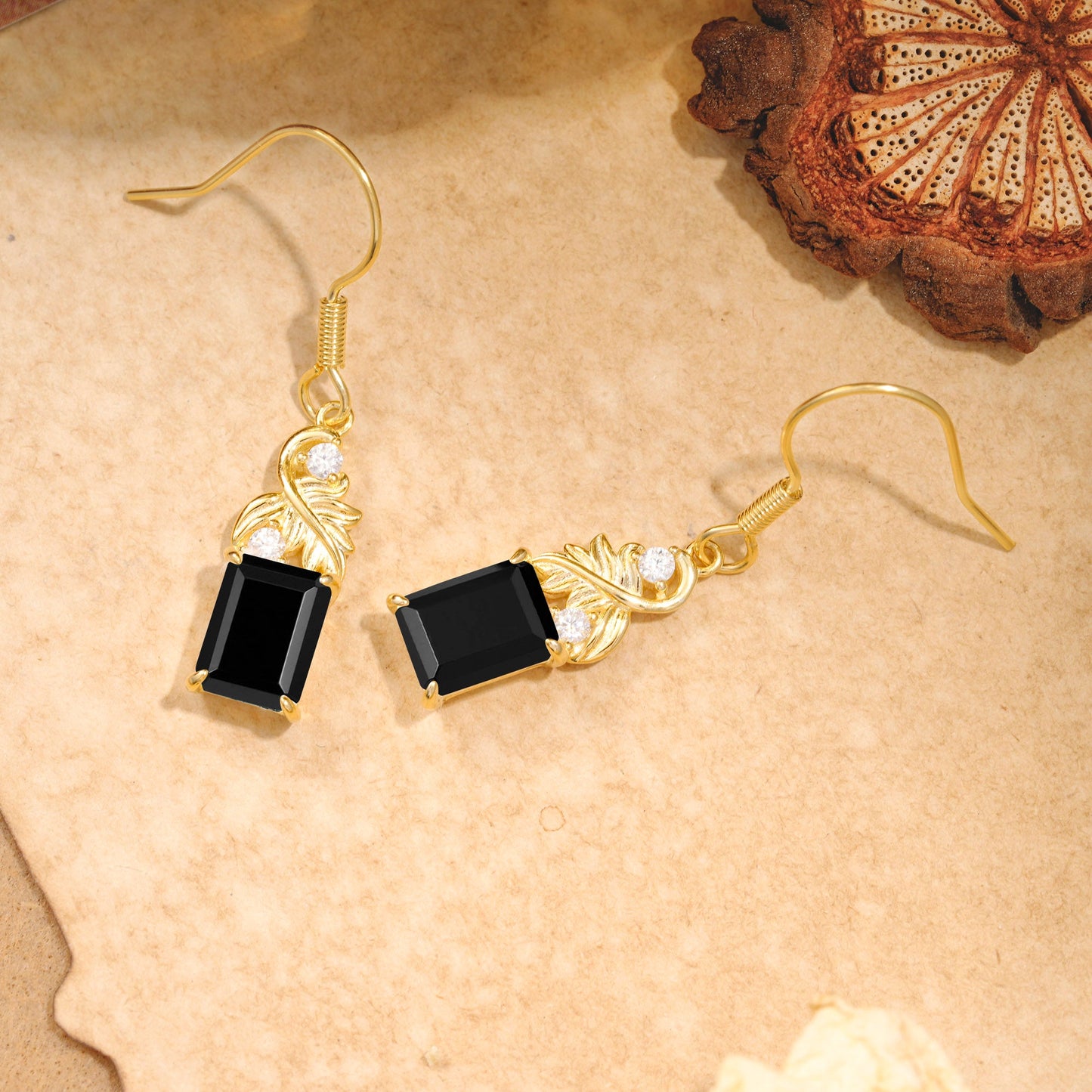 Unique Princess Cut  Black Onyx Earrings with Leaf Detail for Women