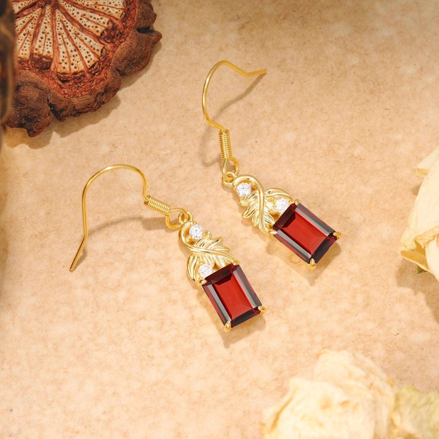 Unique Princess Cut Garnet Earrings with Leaf Detail for Women