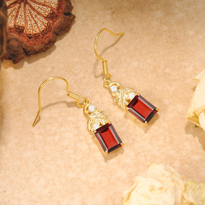 Unique Princess Cut Garnet Earrings with Leaf Detail for Women