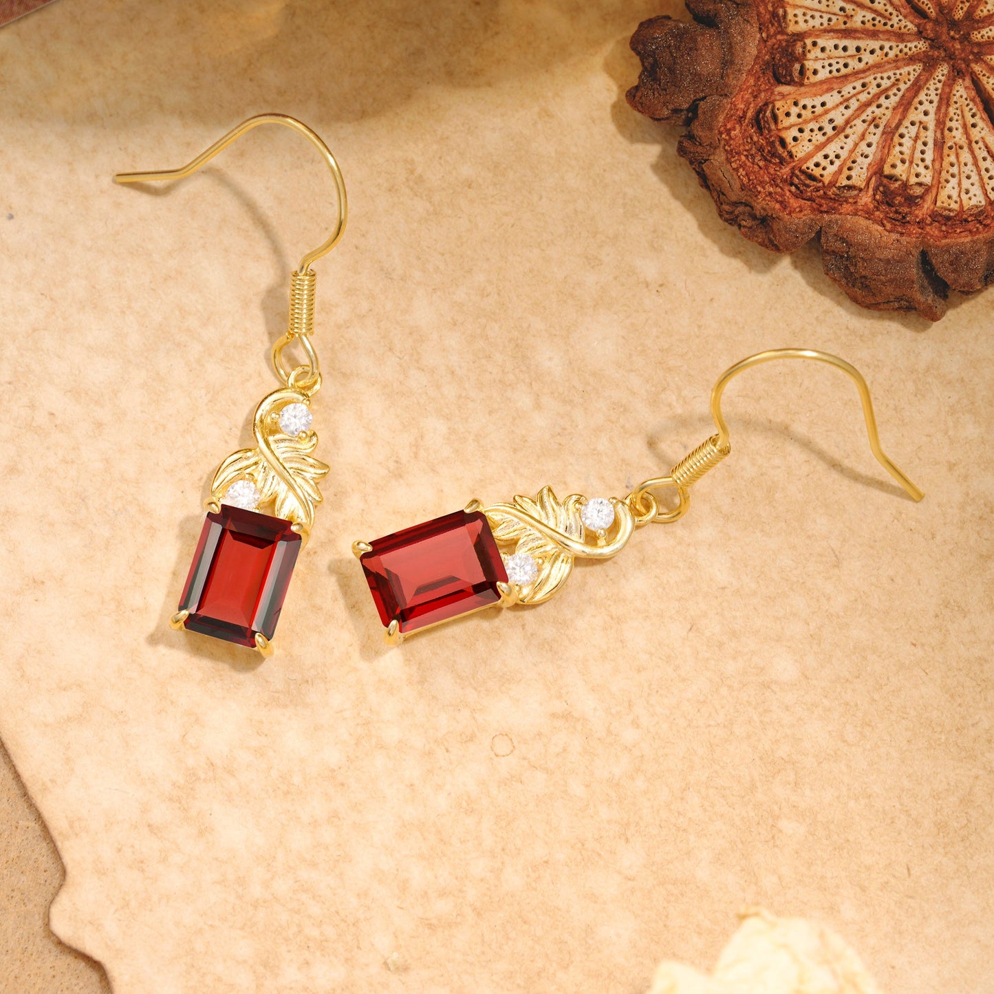 Unique Princess Cut Garnet Earrings with Leaf Detail for Women