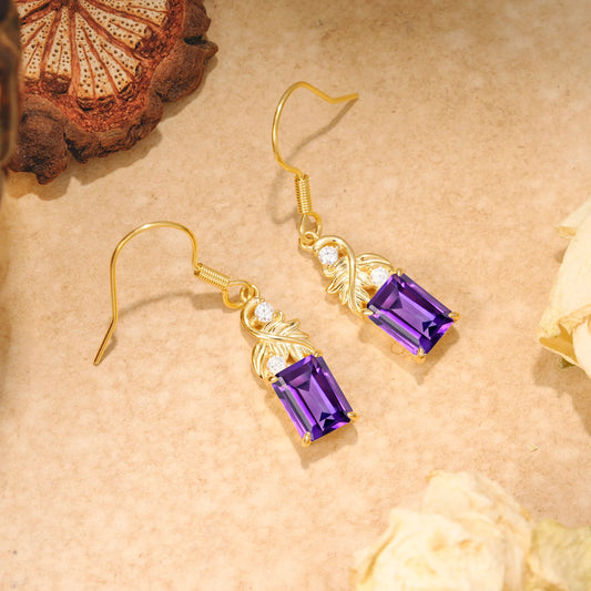 Unique Princess Cut Amethyst Earrings with Leaf Detail for Women