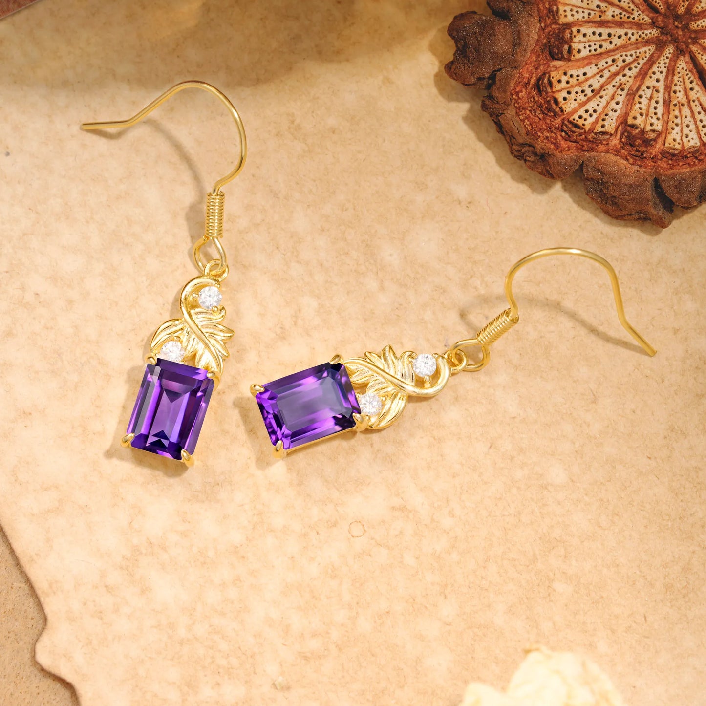 Unique Princess Cut Amethyst Earrings with Leaf Detail for Women