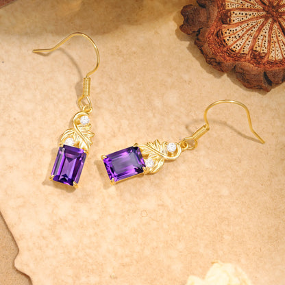 Unique Princess Cut Amethyst Earrings with Leaf Detail for Women