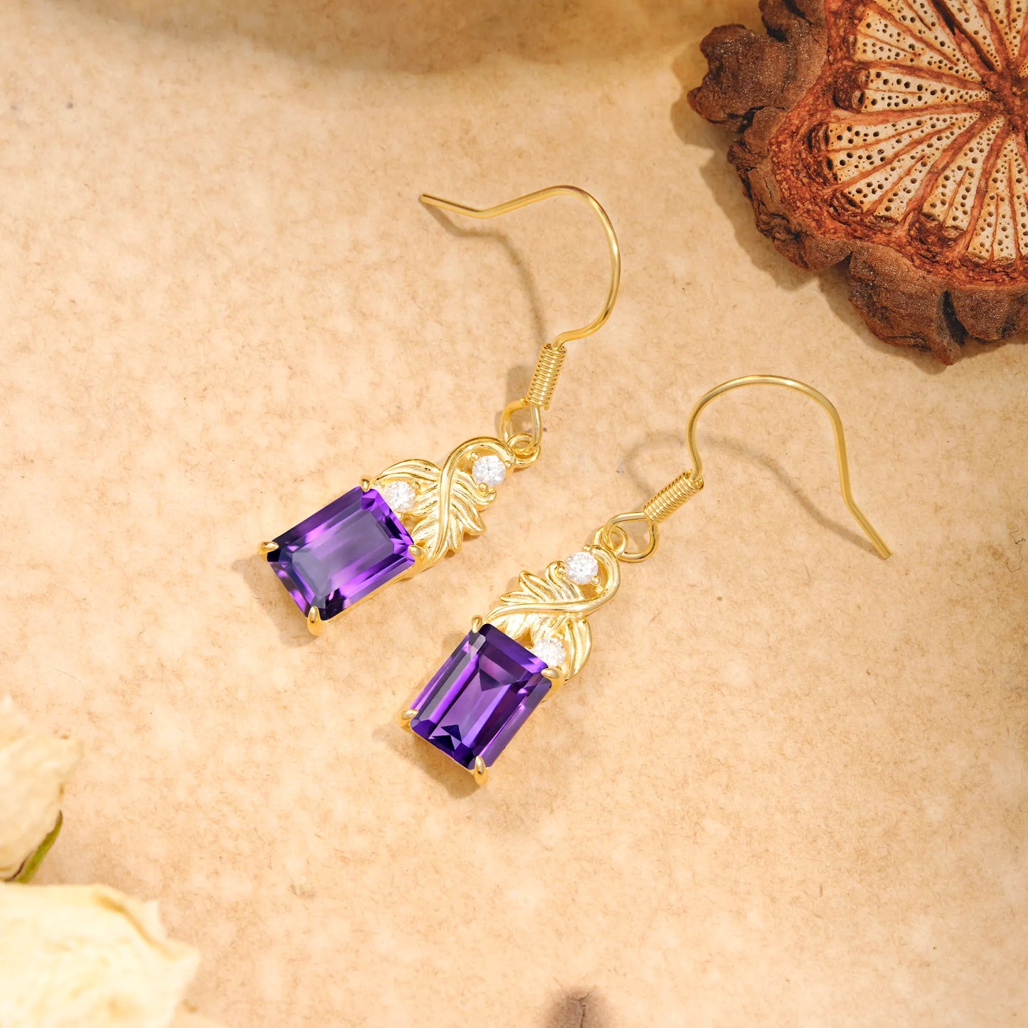 Unique Princess Cut Amethyst Earrings with Leaf Detail for Women