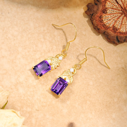 Unique Princess Cut Amethyst Earrings with Leaf Detail for Women