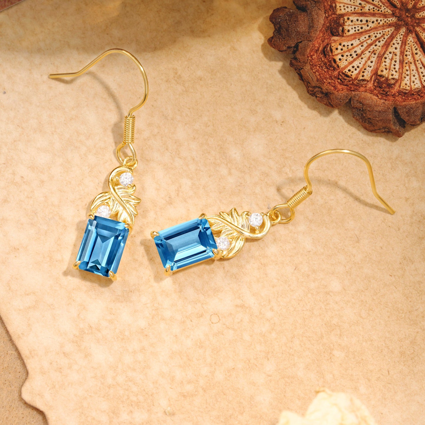 Unique Princess Cut Aquamarine Earrings with Leaf Detail for Women