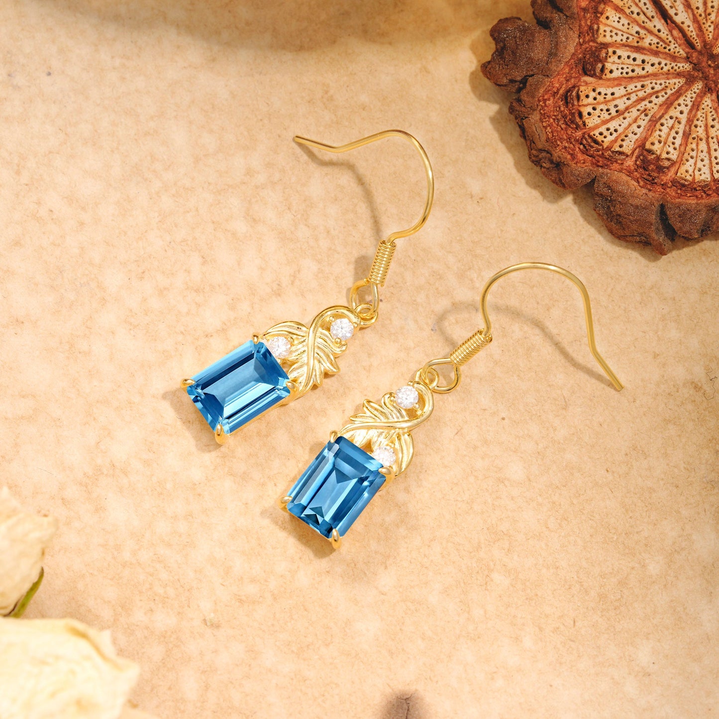 Unique Princess Cut Aquamarine Earrings with Leaf Detail for Women