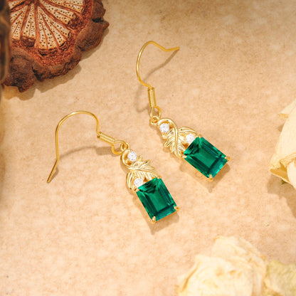 Unique Princess Cut Emerald Earrings with Leaf Detail for Women