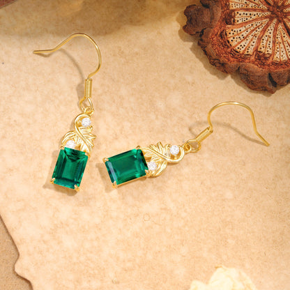 Unique Princess Cut Emerald Earrings with Leaf Detail for Women