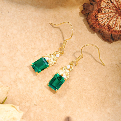 Unique Princess Cut Emerald Earrings with Leaf Detail for Women