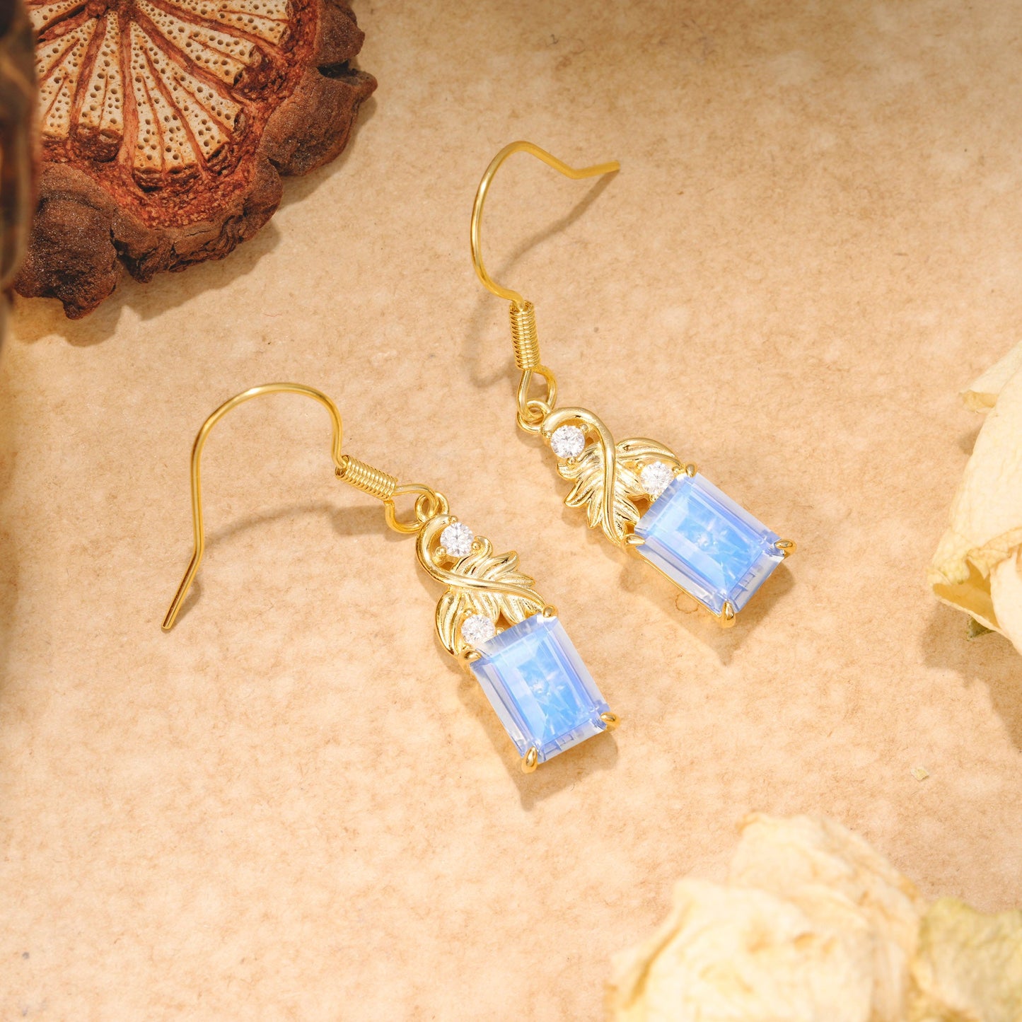 Unique Princess Cut Moonstone Earrings with Leaf Detail for Women