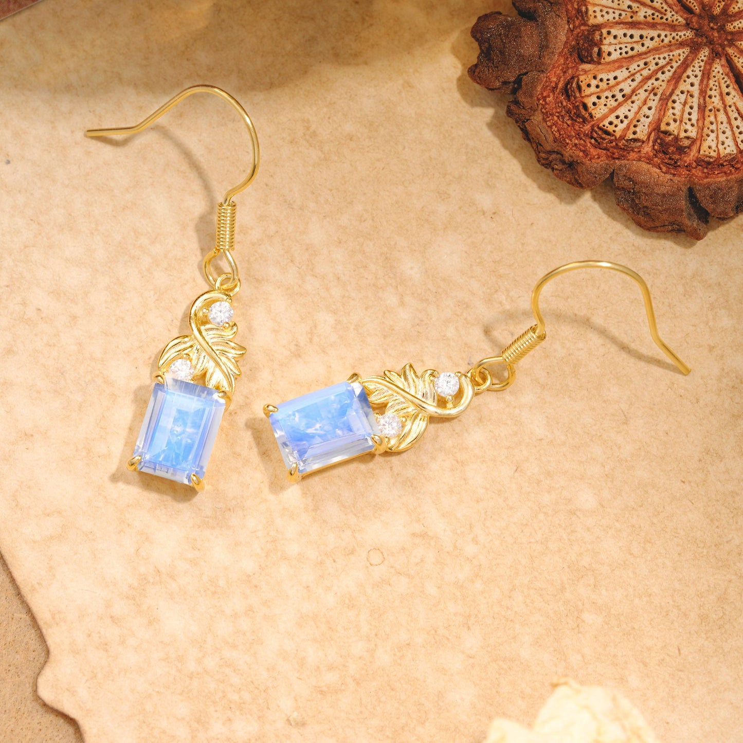 Unique Princess Cut Moonstone Earrings with Leaf Detail for Women