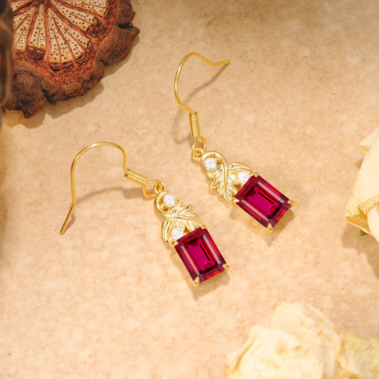 Unique Princess Cut Ruby Earrings with Leaf Detail for Women