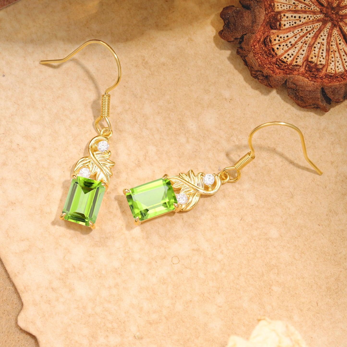 Unique Princess Cut Peridot Earrings with Leaf Detail for Women