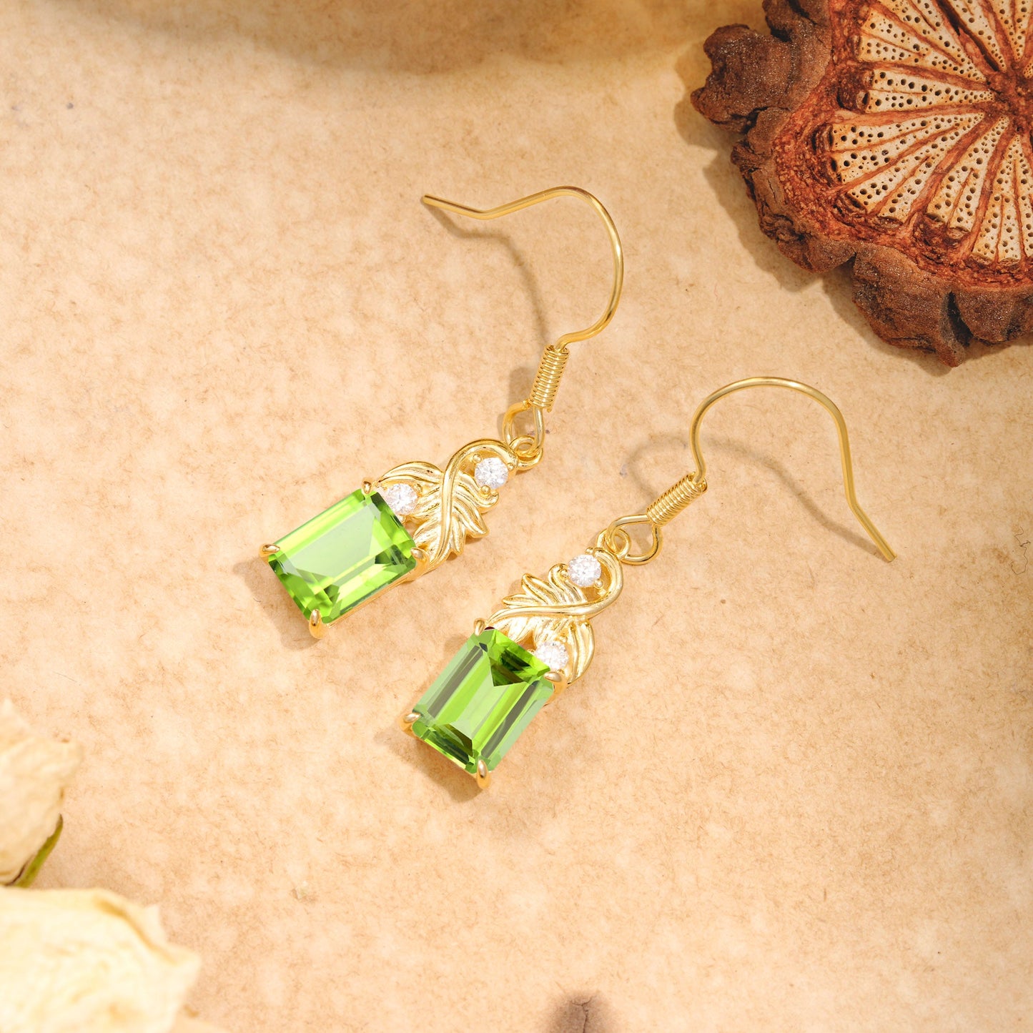 Unique Princess Cut Peridot Earrings with Leaf Detail for Women