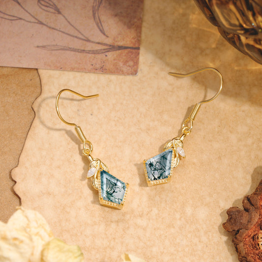 Classic Sparkling Geometric Moss Agate Drop Earrings