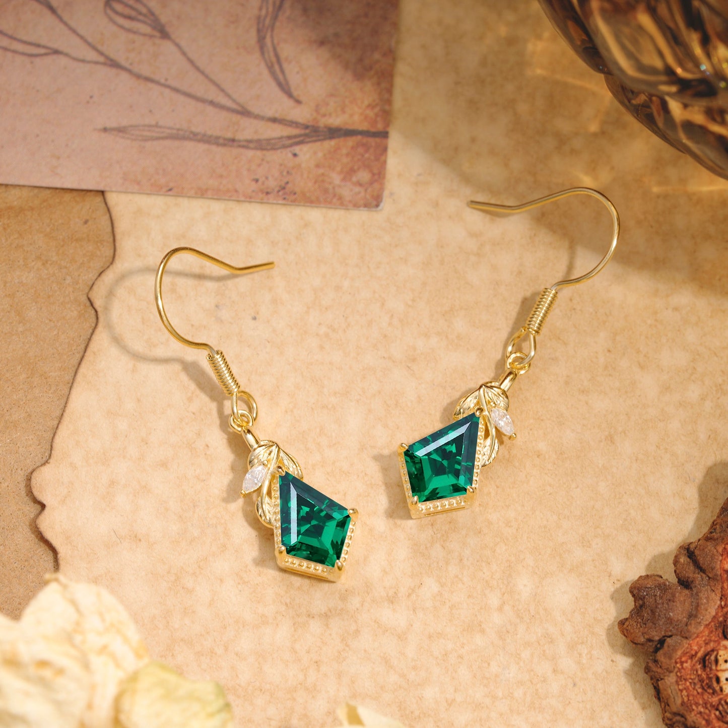 Classic Sparkling Geometric Emerald Drop Earrings