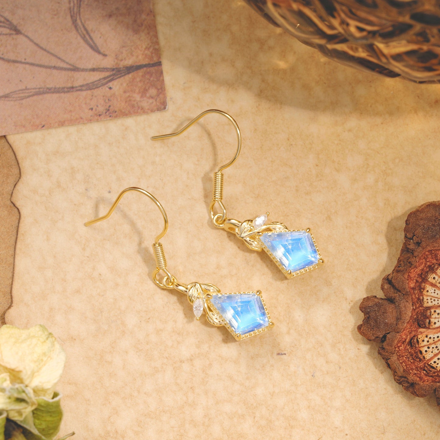 Classic Sparkling Geometric Moonstone Drop Earrings