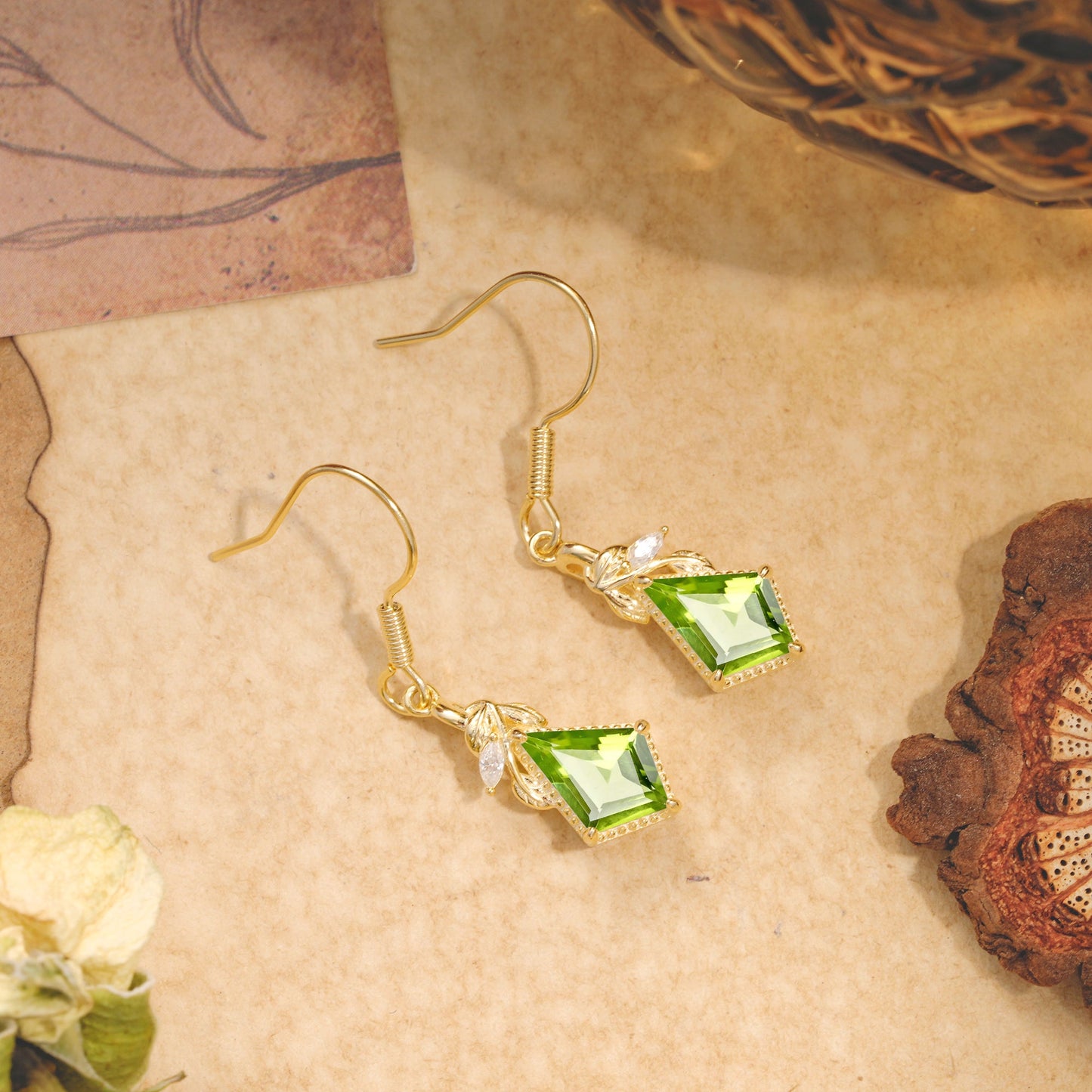 Classic Sparkling Geometric Peridot Drop Earrings