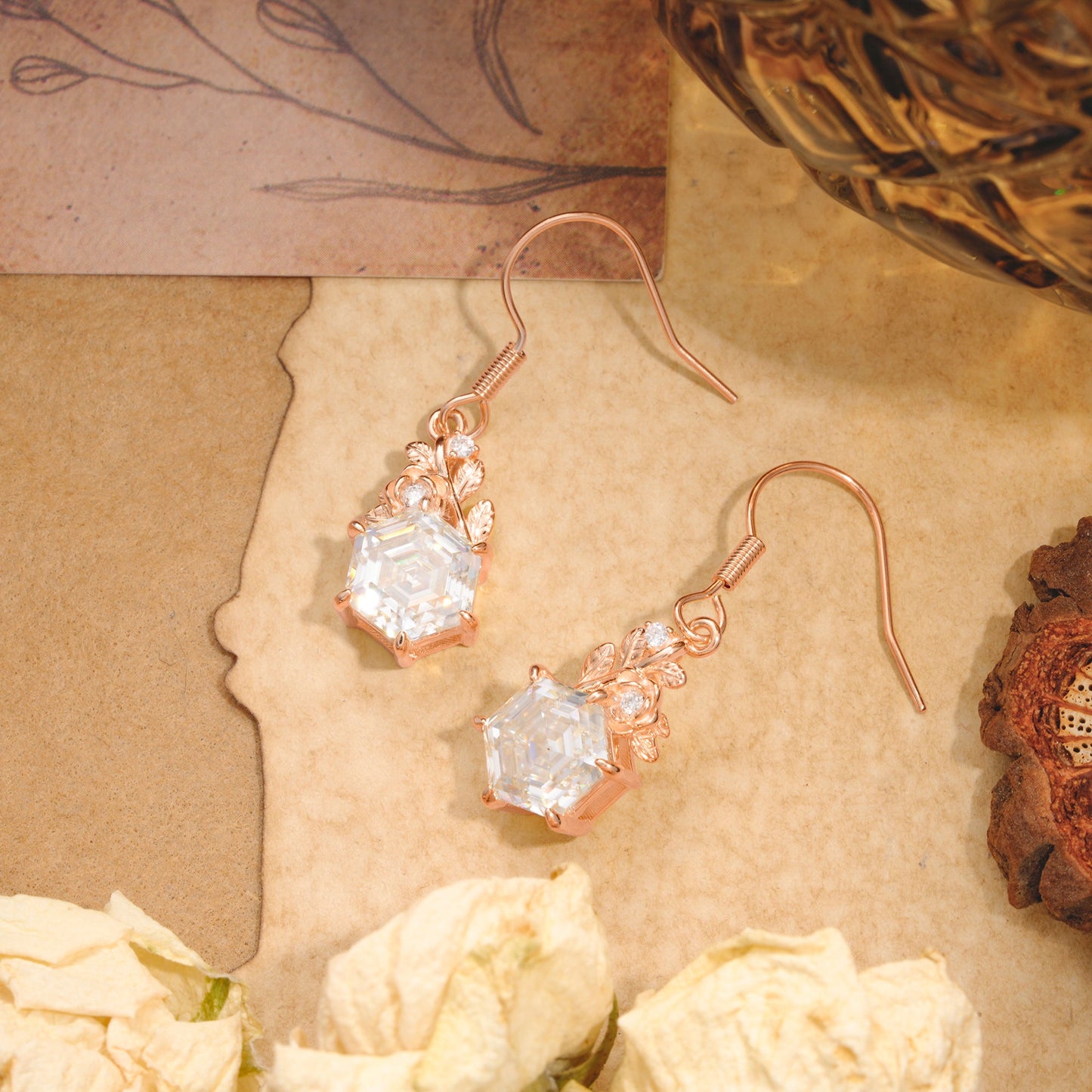 Unique Rose Leaf Hexagon Cut Moissanite Earrings