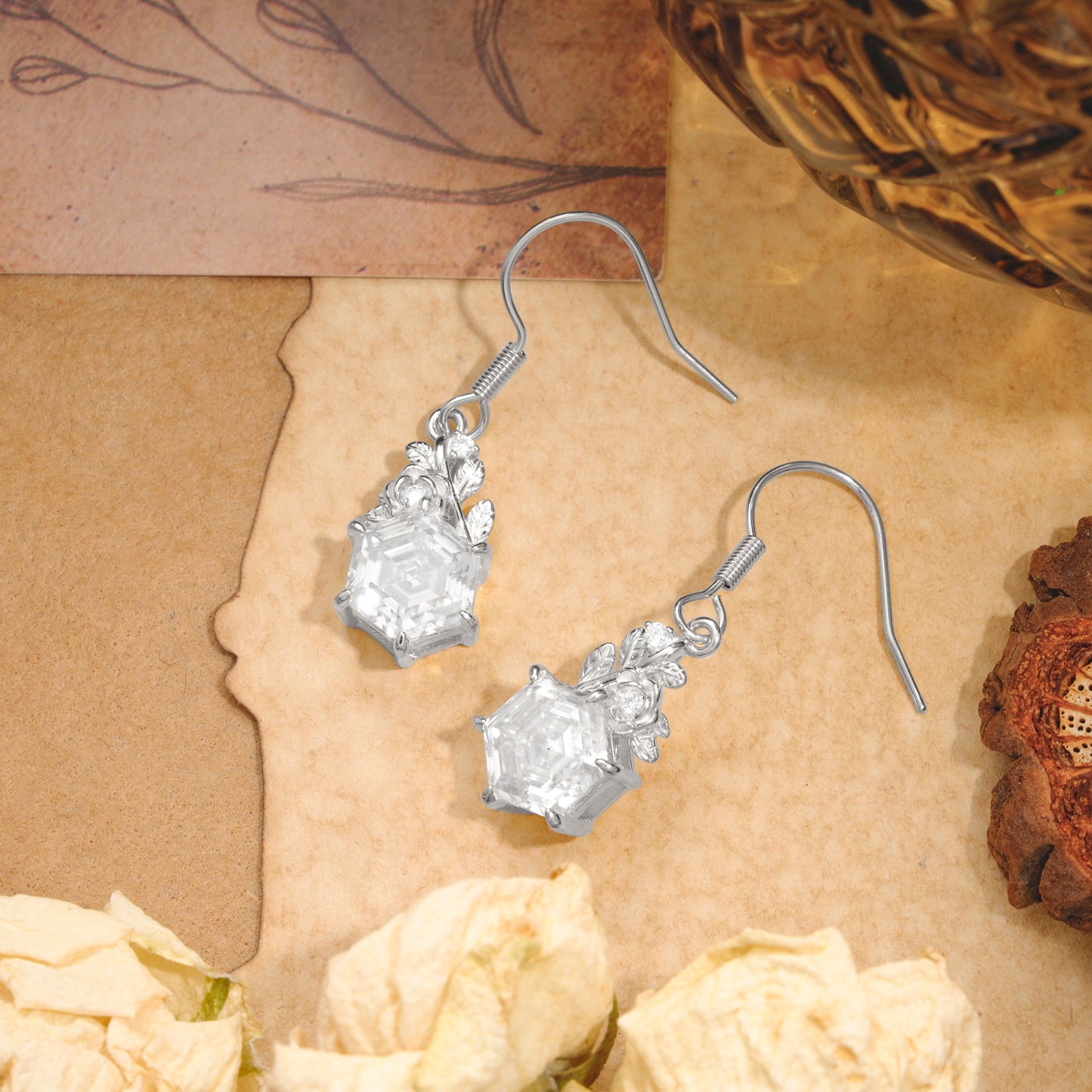 Unique Rose Leaf Hexagon Cut Moissanite Earrings