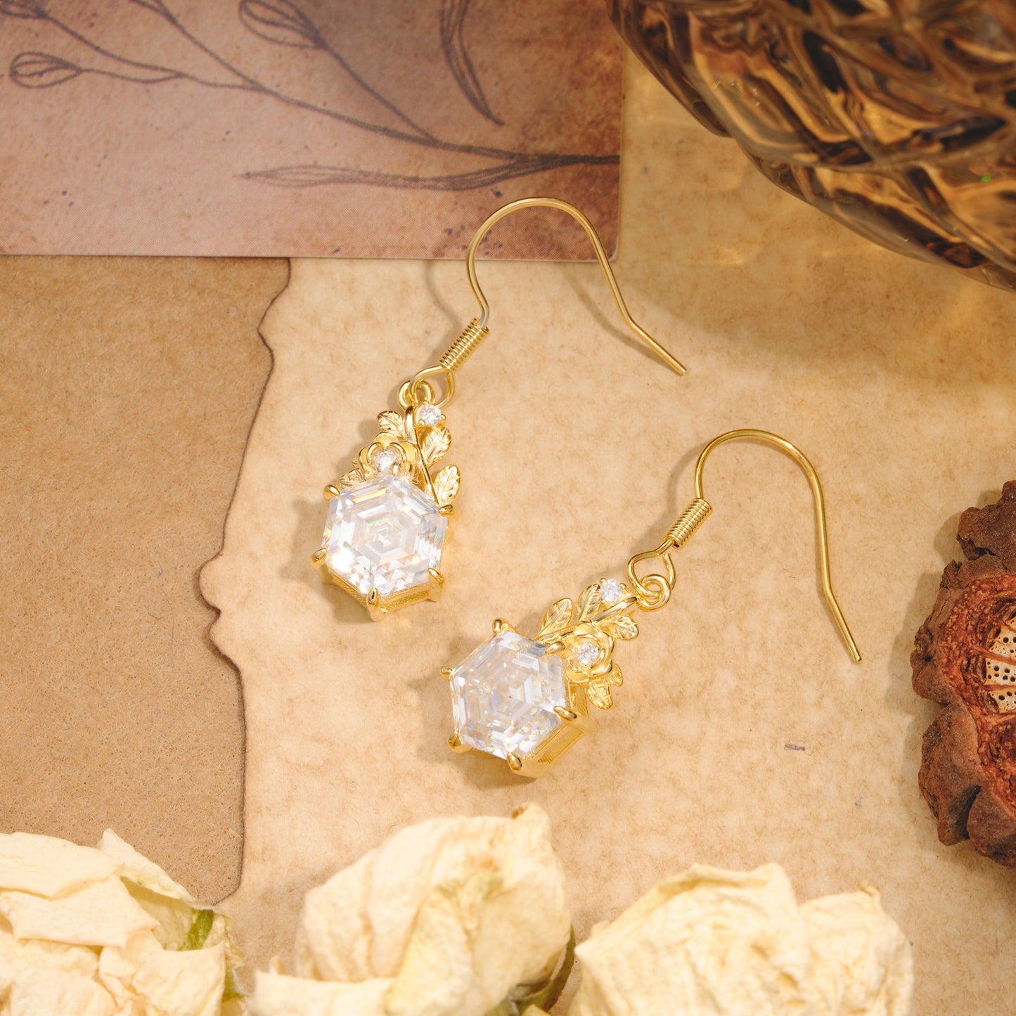 Unique Rose Leaf Hexagon Cut Moissanite Earrings