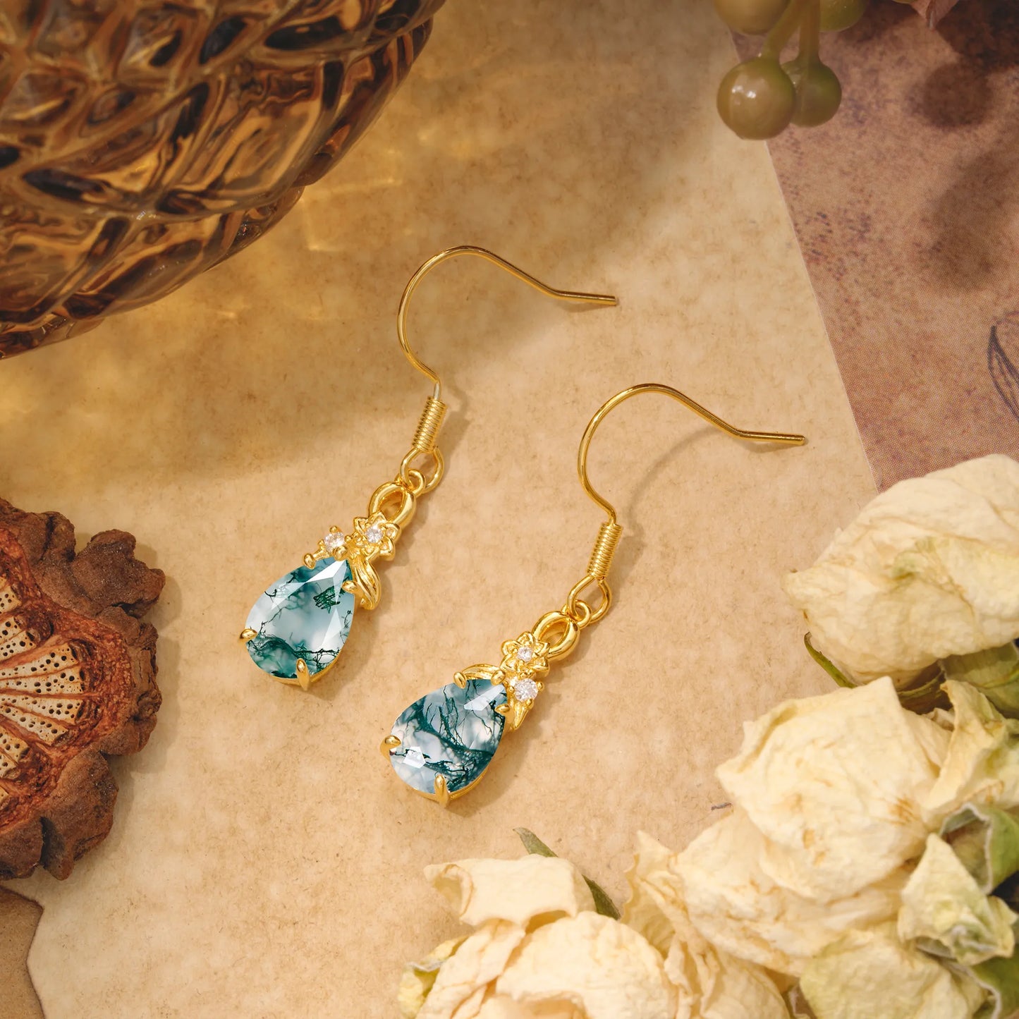 Lightweight 5 Prong Teardrop Moss Agate Earrings - Bridal Jewelry for Wedding & Engagement